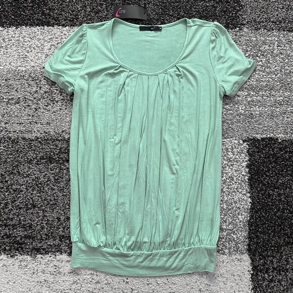 DJT FASHION (M) Green Blue Mint Pleated Tee Scoop Blouson Top Aqua Dusty Jade - Picture 1 of 11